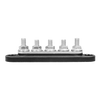 Side profile of busbar showing height of threaded M6 studs and black insulated base