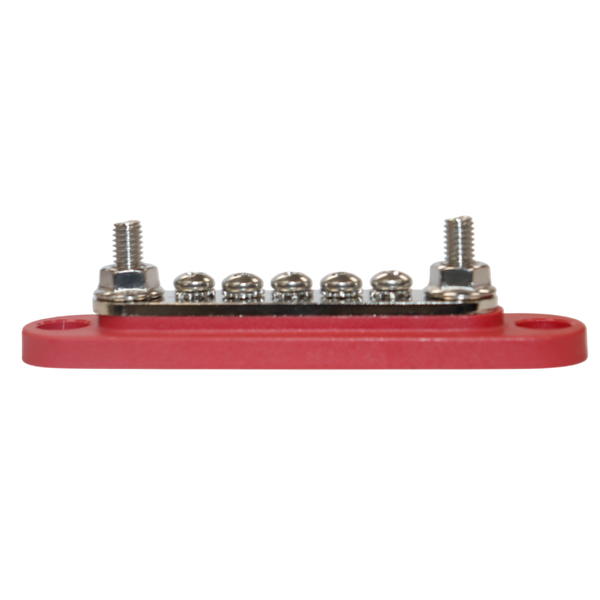 Side profile of red busbar showing height difference between M6 studs and screw terminals