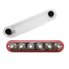 Top-down view of red busbar with cover removed to show six M10 studs and mounting holes