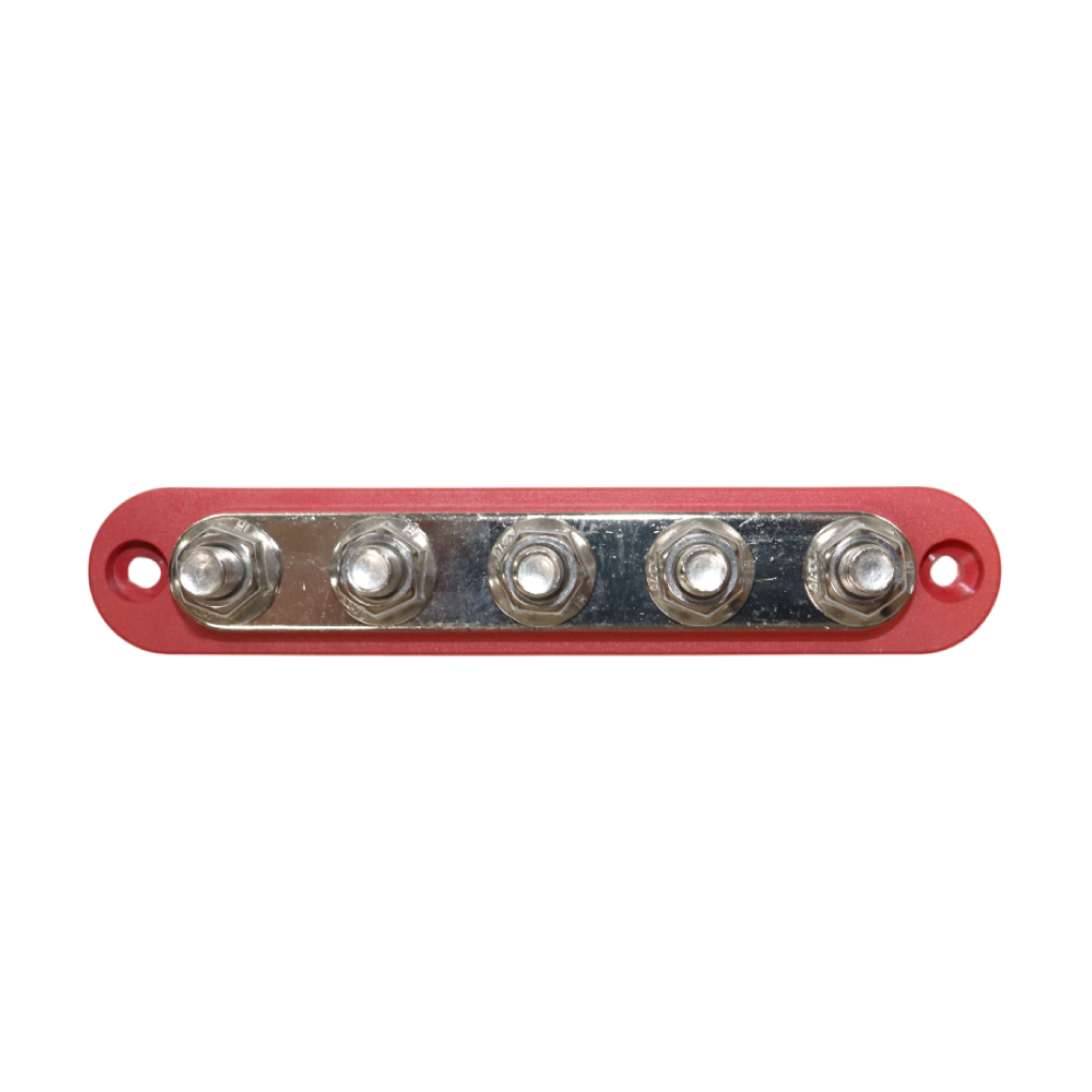 Top-down view of red 5 stud busbar showing terminal layout and mounting holes