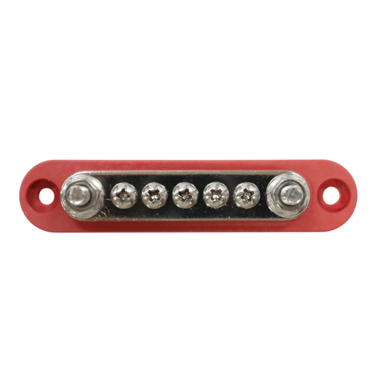 Top-down view of red busbar terminals featuring two M6 studs and five screw terminals