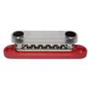 Red 150A busbar with transparent safety cover installed over terminals