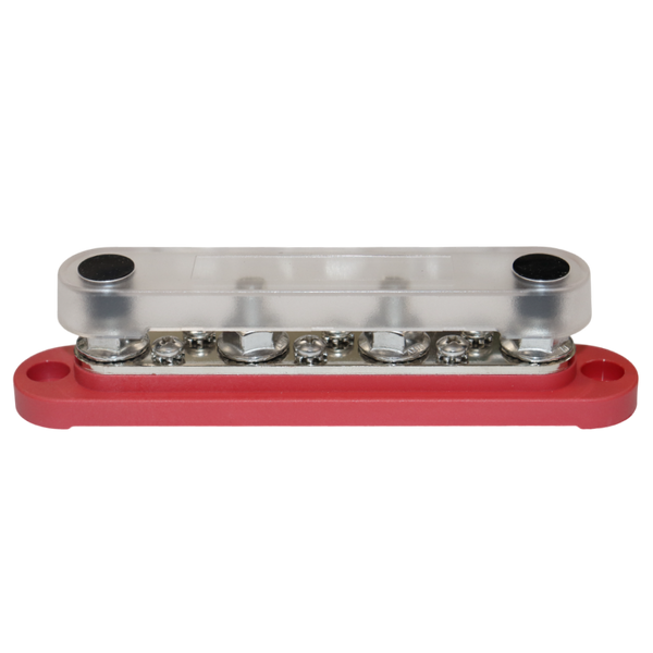 Red busbar with clear protective cover installed over the terminals