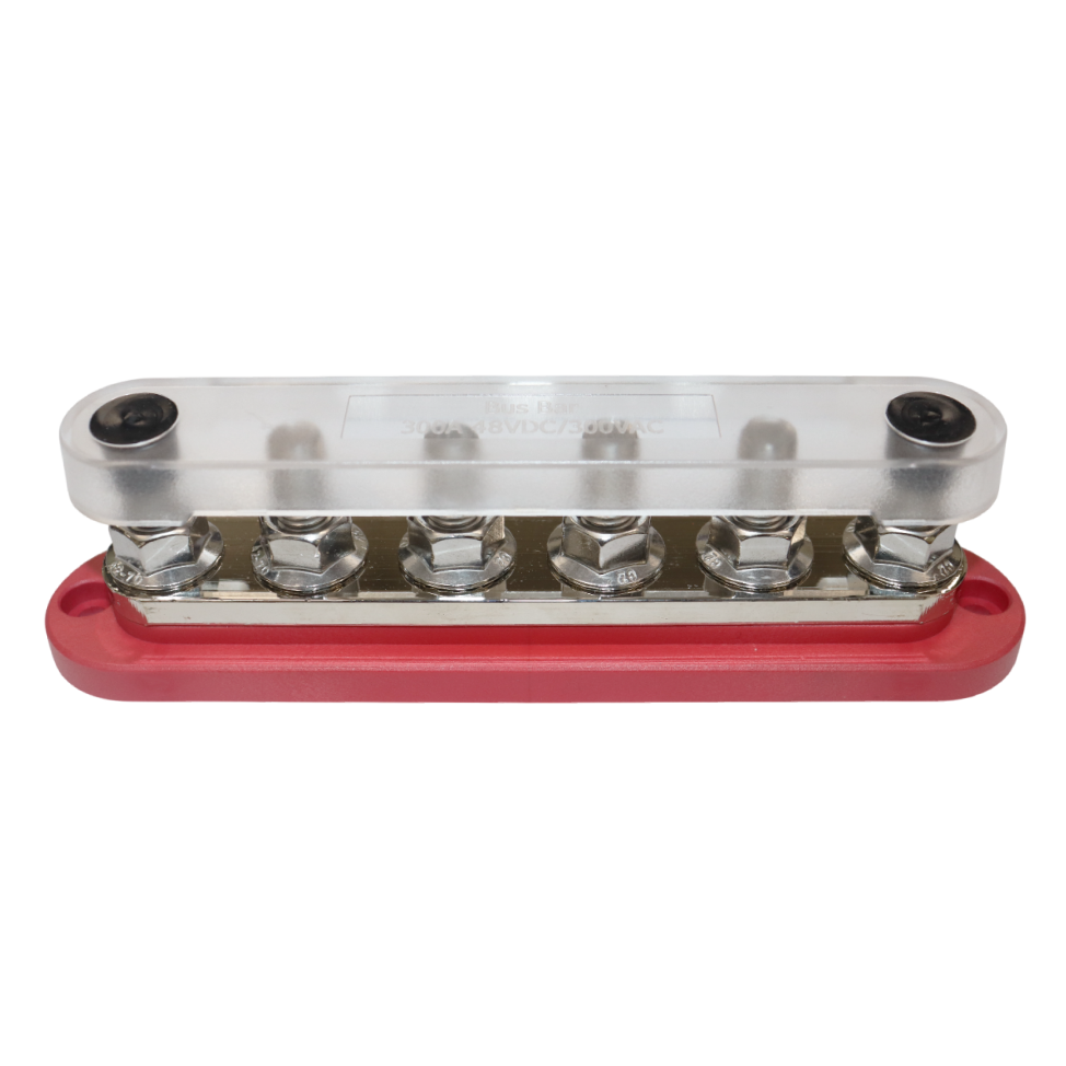 Perspective view of 300A busbar with transparent cover installed over six terminals