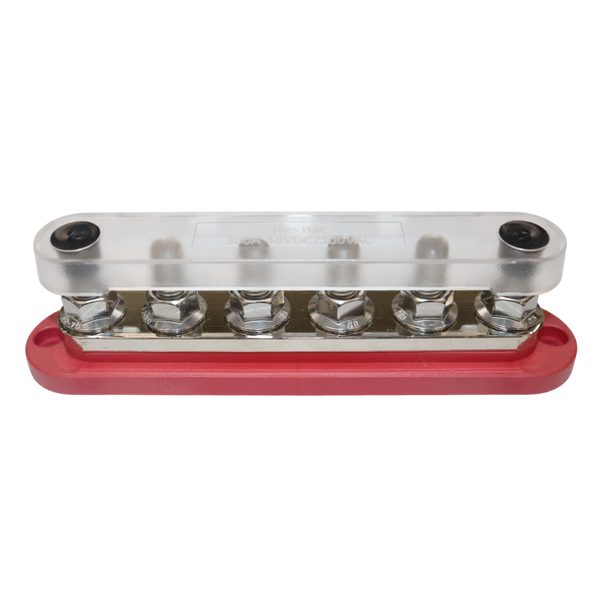 Perspective view of 300A busbar with transparent cover installed over six terminals