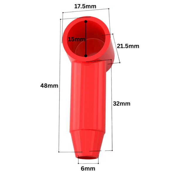 Technical dimensional drawing of red cable cover showing length, width and diameter measurements