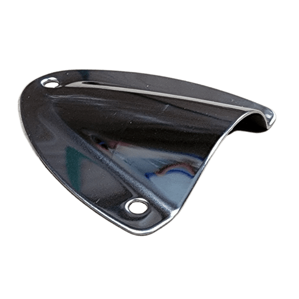 Angled side view of stainless steel cable cover showing raised profile and open back