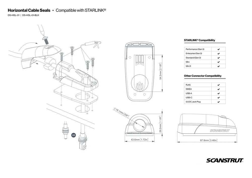 Dimensional drawing and compatibility chart for various electronics cables