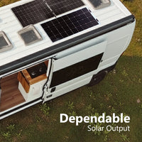 Three flexible solar panels mounted flush on a campervan roof