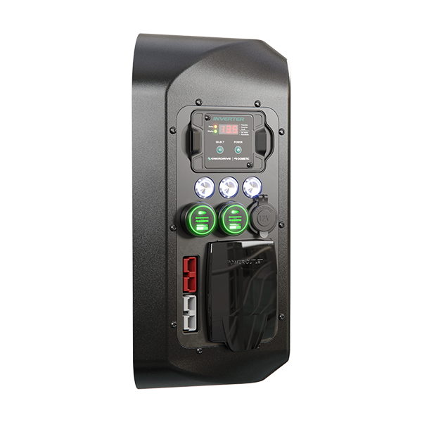Side view of control panel showing USB ports, cigarette socket and RCD powerpoint