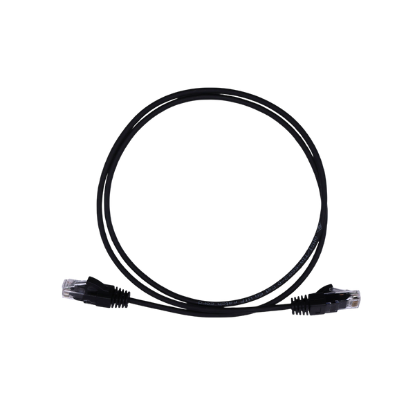Full view of 1m black Cat6 UTP ethernet cable coiled in a circle