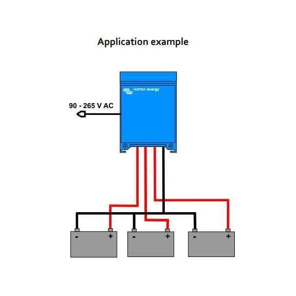 Application diagram showing a battery charger connected to three separate batteries