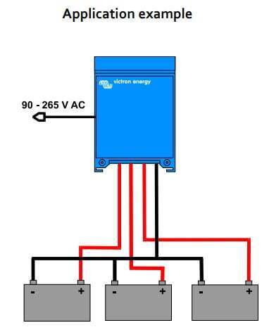 Application diagram showing a battery charger connected to three separate batteries