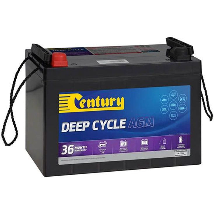 Century 12V 105Ah deep cycle AGM battery front view with rope handles and red positive terminal