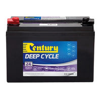 Century 12V 120Ah AGM deep cycle battery with protective red and black terminal covers
