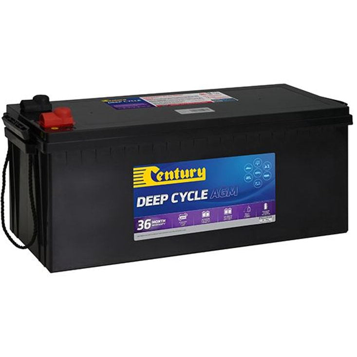 Century 12V 165Ah AGM deep cycle battery featuring rope carry handles and protected terminals