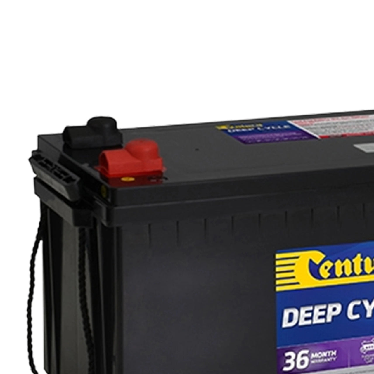 Century 12V 165Ah AGM deep cycle battery showing terminals with protective covers and rope carry handles