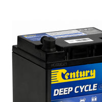Close-up of Century 12V 37Ah gel deep cycle battery showing protected terminal and blue deep cycle labelling