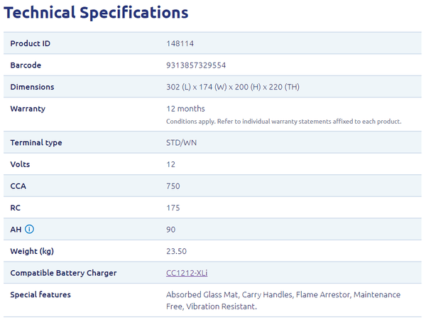 Technical specifications table showing dimensions, warranty, 750 CCA and 90Ah capacity
