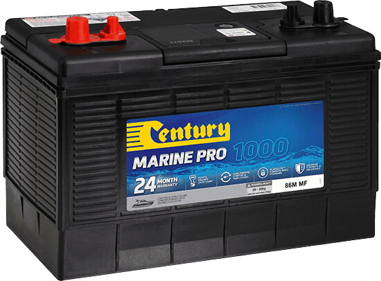 Angled view of Century Marine Pro 1000 battery with red terminals and carry handle