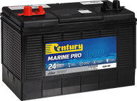 Angled view of Century Marine Pro 1000 battery with red terminals and carry handle