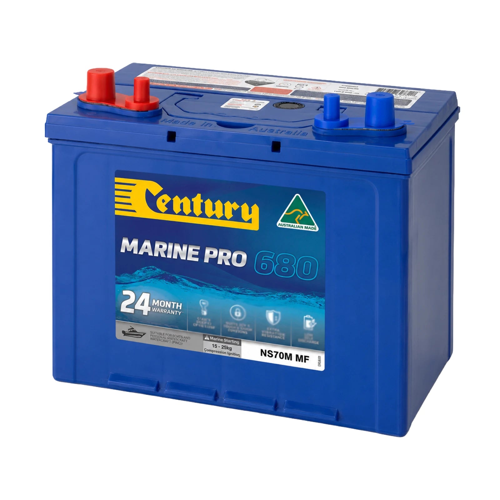 Century 12V 75Ah blue marine battery with dual terminals and state of charge indicator