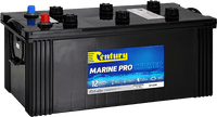 Angled view of Century Marine Pro Cruiser N150M battery showing terminals and caps