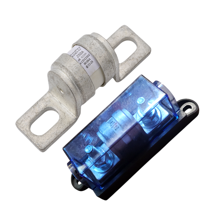 Exotronic 250A ceramic fuse next to a black fuse holder with a blue transparent cover and bolt terminals