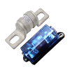 Exotronic 300A ceramic fuse next to a black fuse holder with a blue transparent cover and bolt terminals