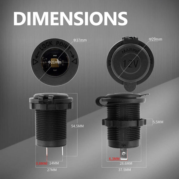 Technical dimension drawing of 12V socket showing 29mm mounting hole and 54.5mm depth