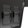 Close-up of protective black covers labelled Breakers and Fuses on the canopy power system
