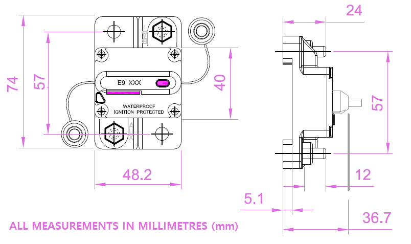 Technical dimensional drawing of the 80A circuit breaker with millimetre measurements