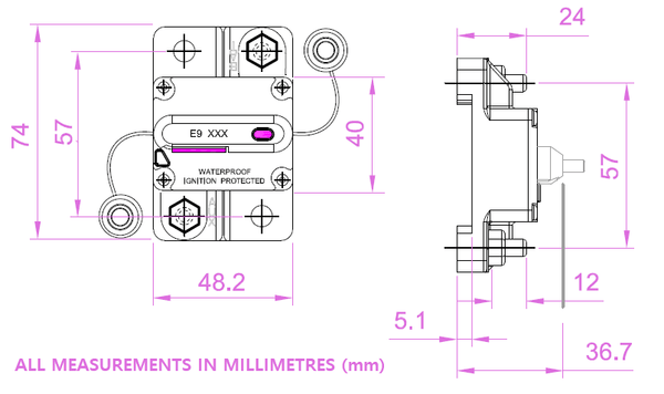 Technical dimensional drawing of the 100A surface mount breaker with metric measurements