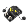 Angled view of circuit breaker showing stainless steel studs and high-contrast reset lever