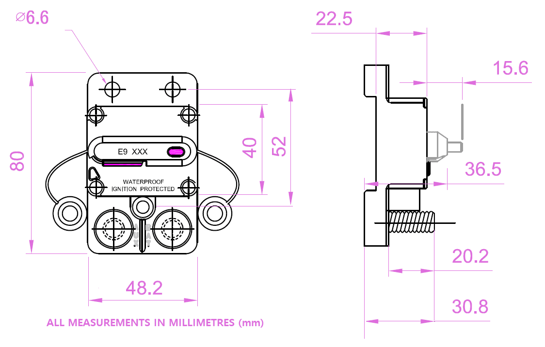 Dimensional drawing showing 80mm height, 48.2mm width and 30.8mm stud depth