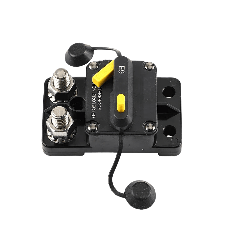 Close-up perspective of circuit breaker connection terminals and mounting holes