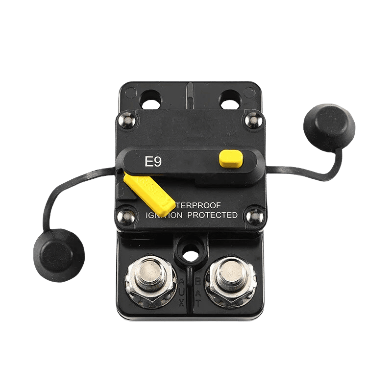 Top view of circuit breaker with terminal covers removed to show connection points
