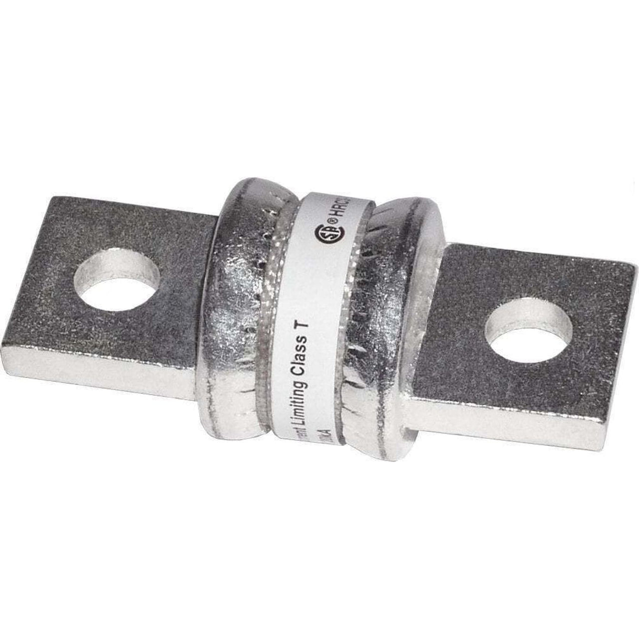 Angled view of a Blue Sea Class T fuse with silver-plated contacts and a central body