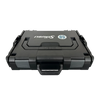 Angled view of closed black Stäubli tool case with grey latches