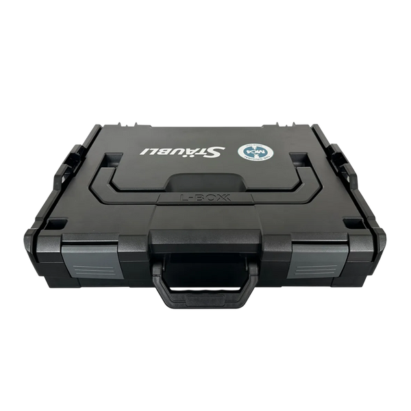 Angled view of closed black Stäubli tool case with grey latches