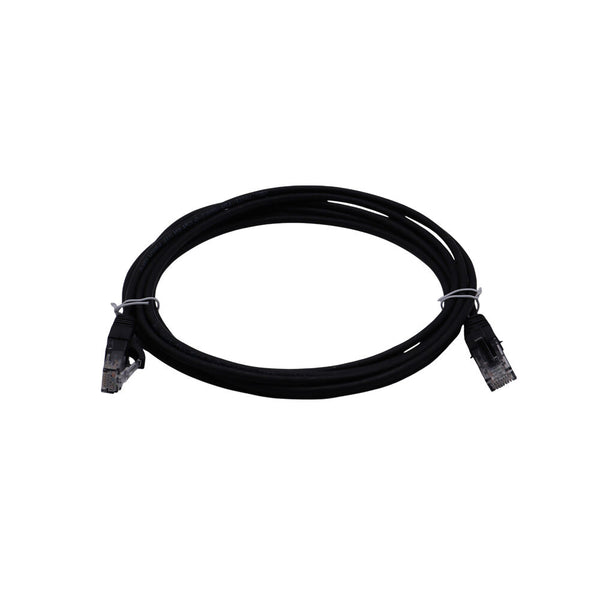 Black Cat6 network patch cable coiled in an oval shape and secured with white twist ties