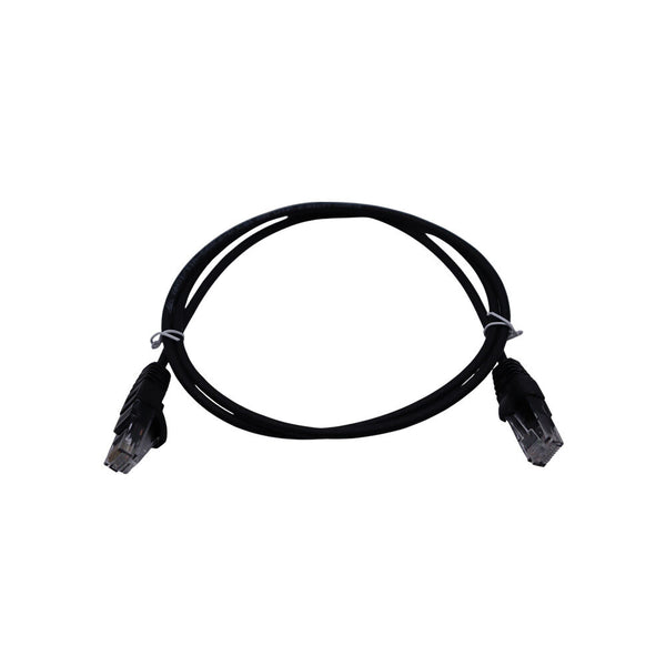 Coiled black Cat6 patch cable secured with white twist ties