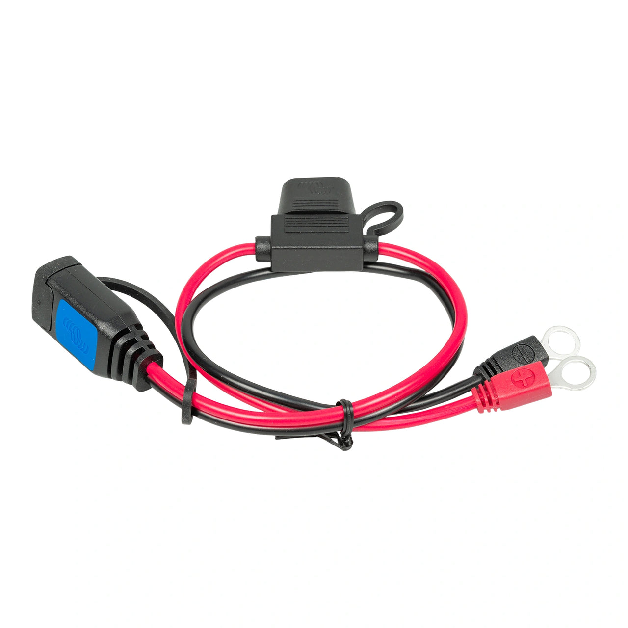 Coiled battery connection cable with M6 eyelets and protective fuse holder cap