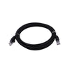 Coiled black ethernet patch lead held by a white twist tie showing connectors facing outwards