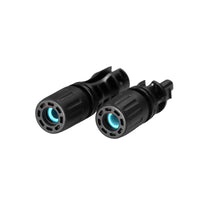 Rear view of solar connectors showing blue internal sealing rings