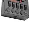 Angled view looking up at the bottom row of 12V sockets and voltmeter