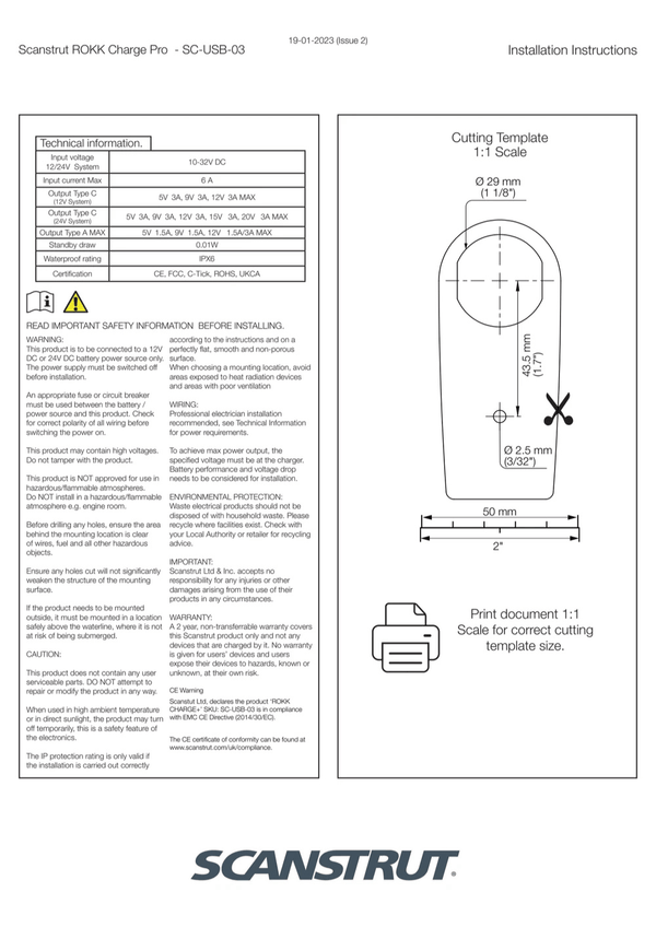 Cutting template and safety information guide for USB socket