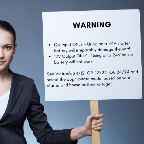 Warning sign stating 12V input and output only for the DC-DC charger
