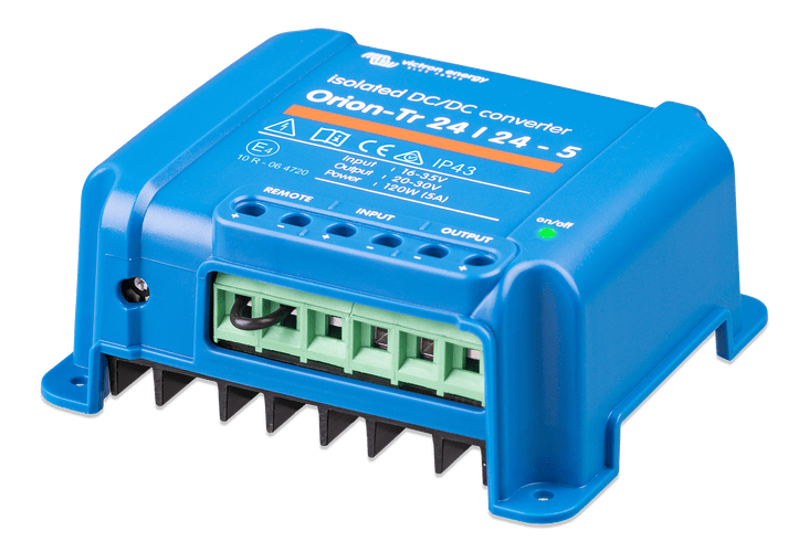 Side perspective of blue Victron DC-DC converter showing integrated cooling fins and mounting flange