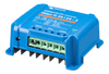 Side perspective of blue Victron DC-DC converter showing integrated cooling fins and mounting flange